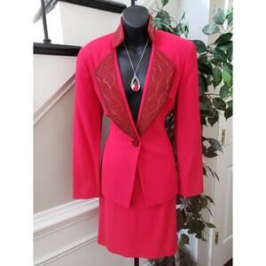Vintage Bicci Florine Wachter Skirt Suit Set  8 Red Sngle Breasted Beaded Lapel